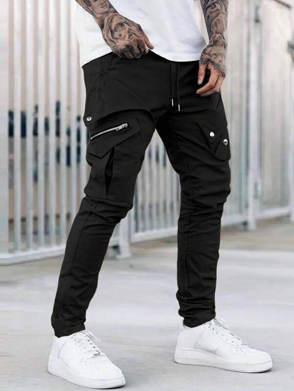 Men Flap Pocket Drawstring Waist Cargo Pants