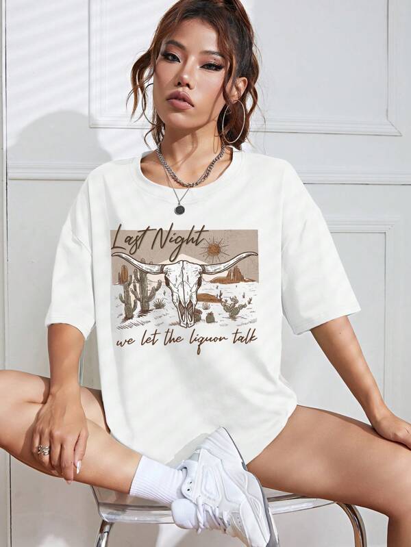 Cattle & Slogan Graphic Drop Shoulder Tee