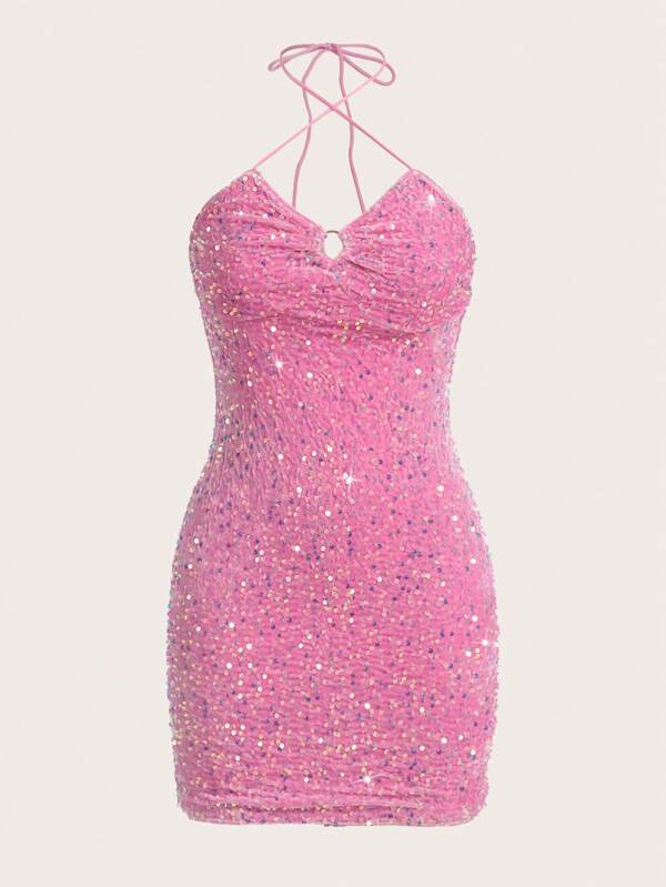 Tie Backless Sequin Halter Bodycon Dress Without Hat