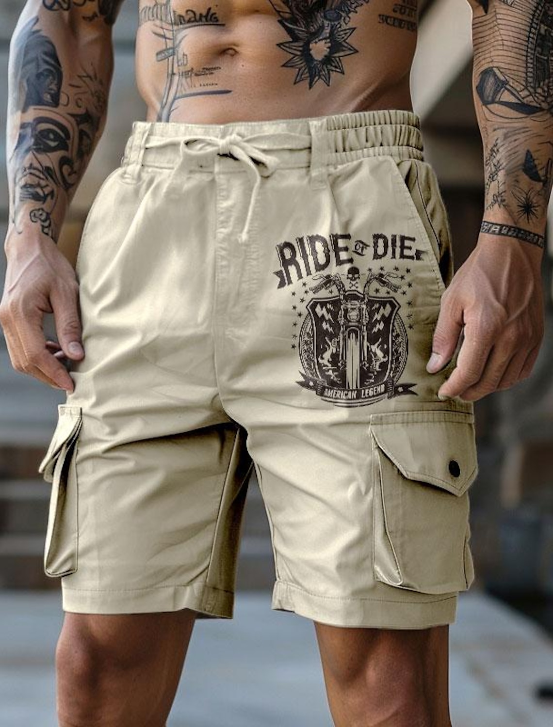 Carefree Interlude X Joshua Jo Men's Vintage Drawstring Graphic Skull Motorcycle Vacation Cargo Shorts
