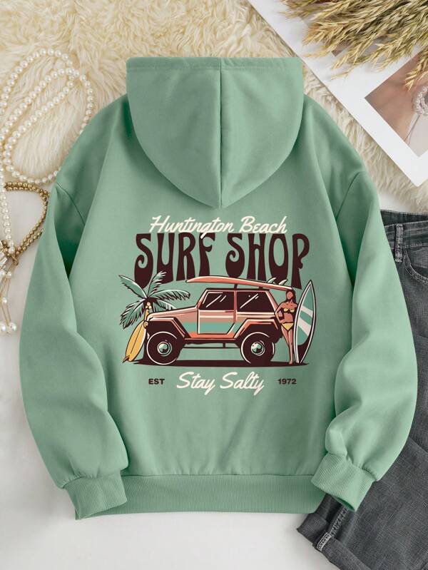 Car & Letter Graphic Drawstring Thermal Lined Hoodie