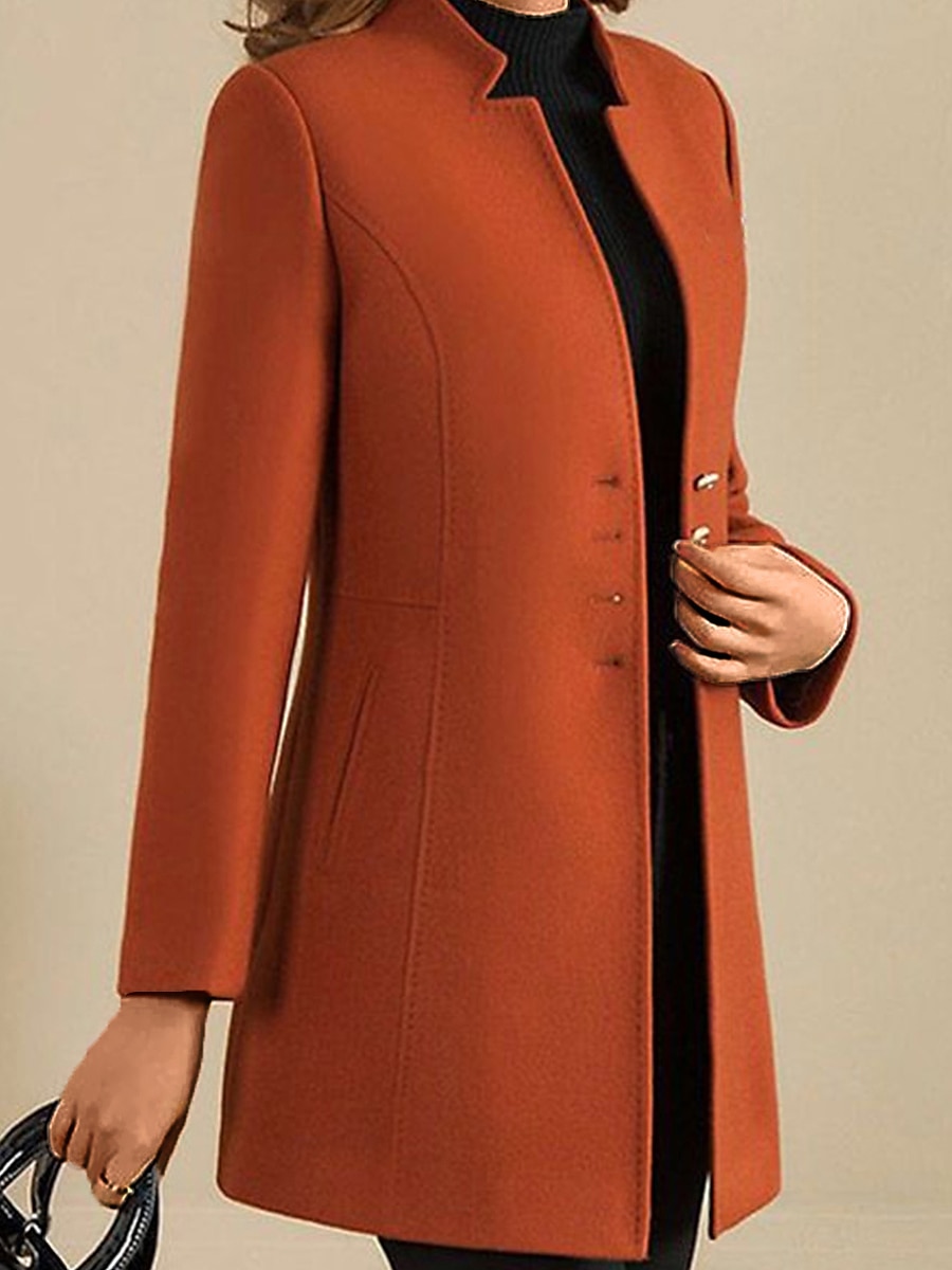 Women's Wool Blend Blazer Winter Coat Single Breasted Stand Collar Pea Coat Fall Slim Fit Thermal Warm Overcoat Formal Stylish Modern Jacket Long Sleeve