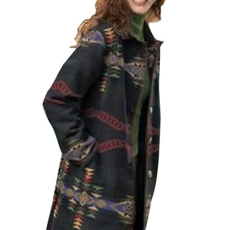 Women's Winter Coat Long Overcoat Single Breasted Lapel Pea Coat Thermal Warm Windproof Trench Coat with Pockets Retro Print Outerwear Fall Outerwear Long Sleeve Black