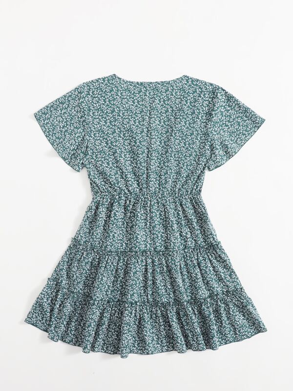 Surplice Neck Frill Trim Ditsy Floral Dress