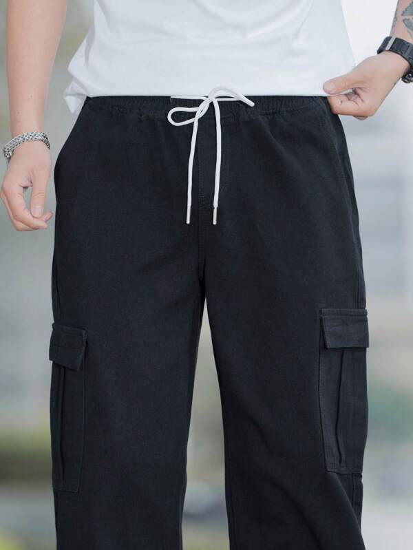 Men Cotton Flap Pocket Side Drawstring Waist Cargo Pants
