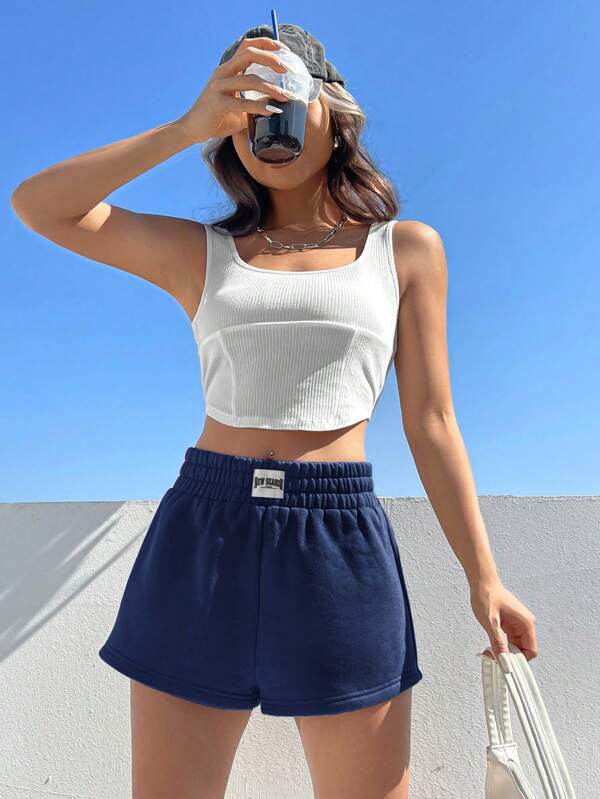 Letter Patched Detail Elastic Waist Shorts