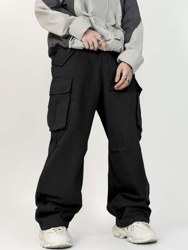 Men Flap Pocket Side Drawstring Waist Cargo Pants