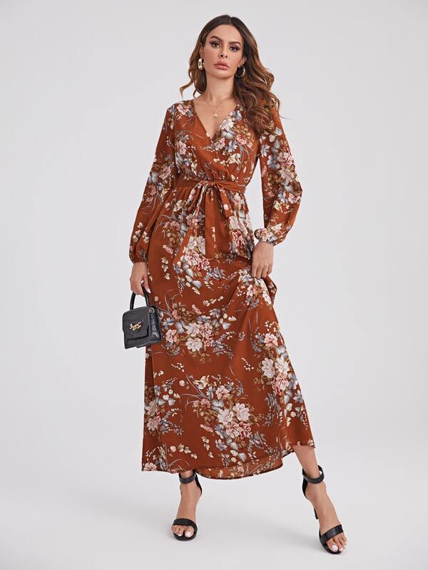 Clasi Surplice Neck Self Belted Botanical Print Dress