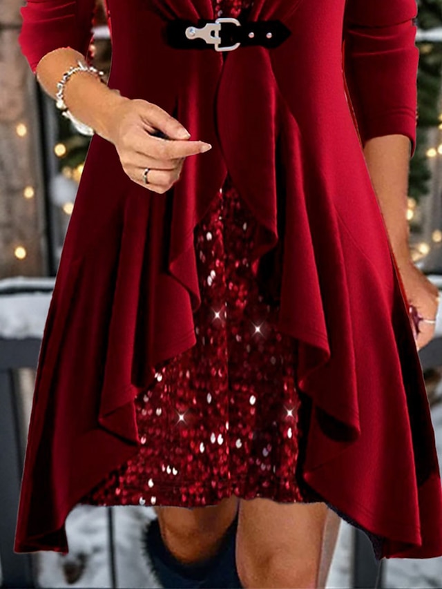 Women's Sequin Dress Velvet Dress Party Dress Sparkly Dress Green Mini Dress Wine Long Sleeve Fall Winter Autumn Crew Neck Fashion Winter Dress