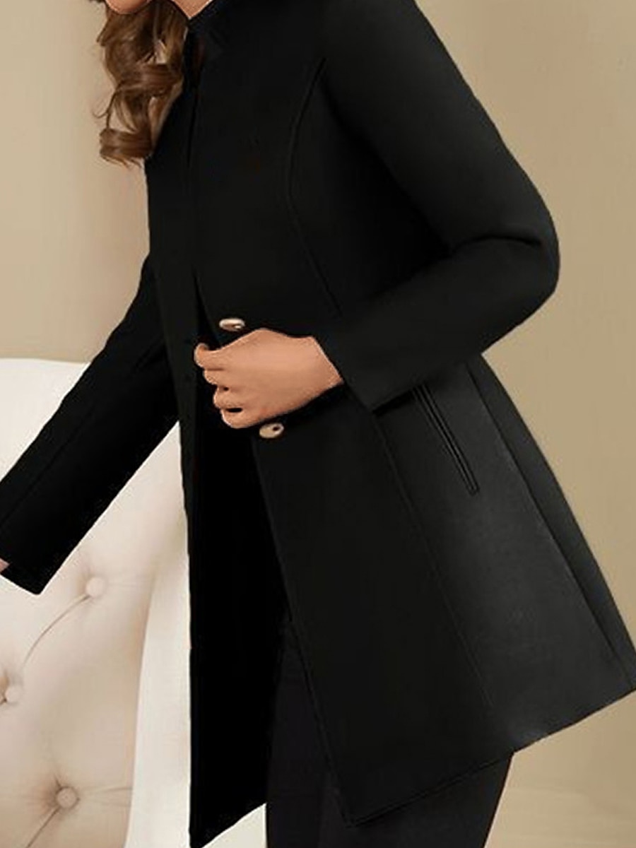 Women's Wool Blend Blazer Winter Coat Single Breasted Stand Collar Pea Coat Fall Slim Fit Thermal Warm Overcoat Formal Stylish Modern Jacket Long Sleeve