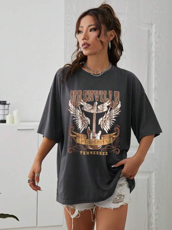 Wings And Letter Graphic Drop Shoulder Tee