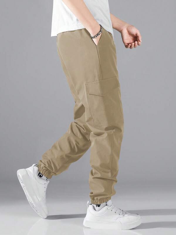 Men Flap Pocket Side Drawstring Waist Cargo Pants