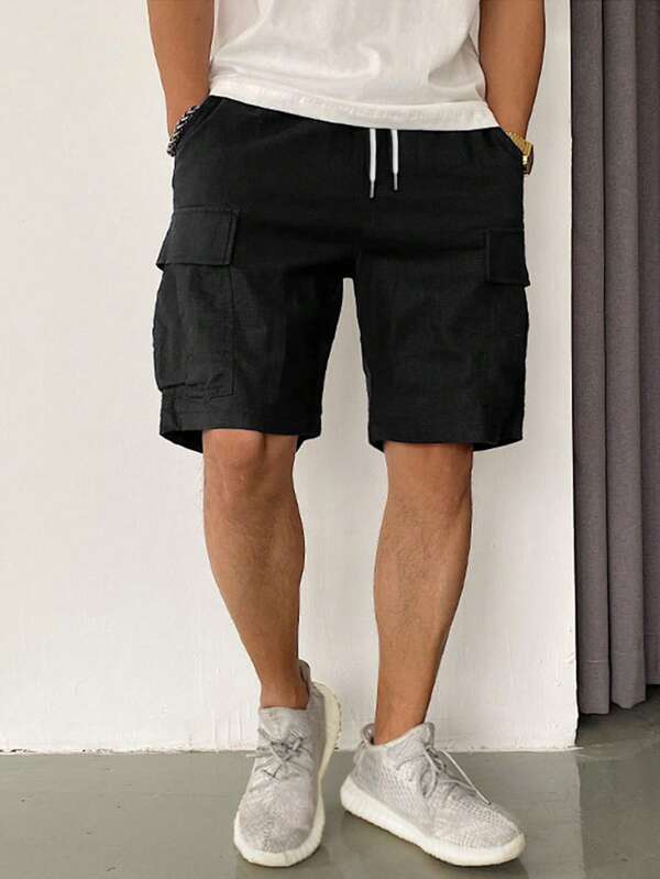 Men Flap Pocket Drawstring Waist Cargo Shorts