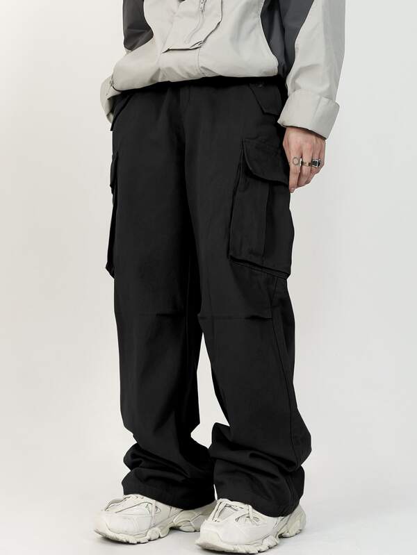 Men Flap Pocket Side Drawstring Waist Cargo Pants