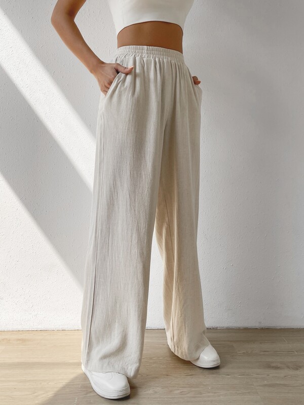 Solid Slant Pocket Wide Leg Pants