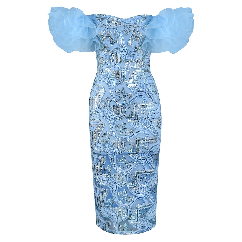 Sheath / Column Party Dresses Floral Dress Cocktail Party Wedding Party Tea Length Sleeveless Off Shoulder Sequined with Sequin 2024