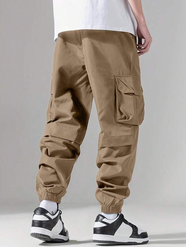 Men Flap Pocket Side Drawstring Waist Cargo Pants