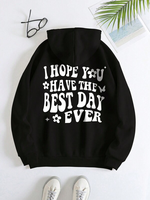 Slogan Graphic Kangaroo Pocket Drawstring Thermal Lined Hoodie