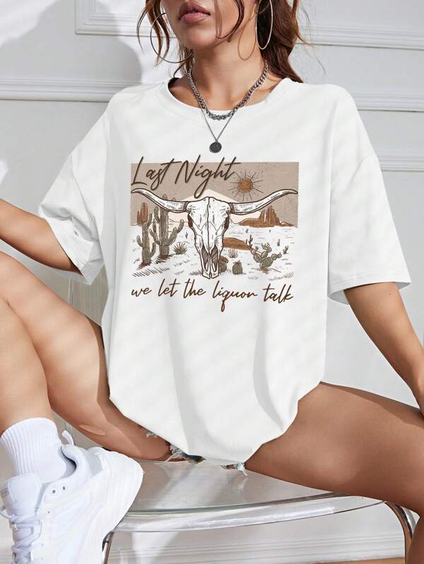 Cattle & Slogan Graphic Drop Shoulder Tee