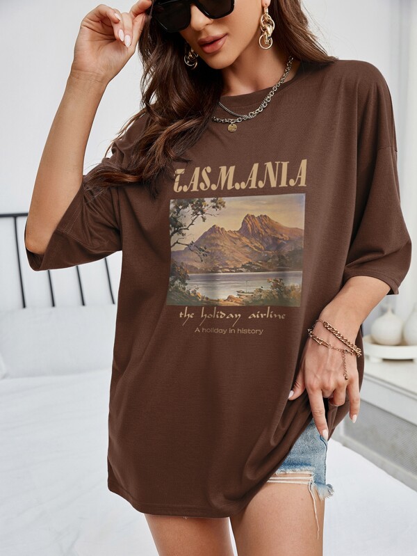 Mountain & Slogan Graphic Drop Shoulder Tee