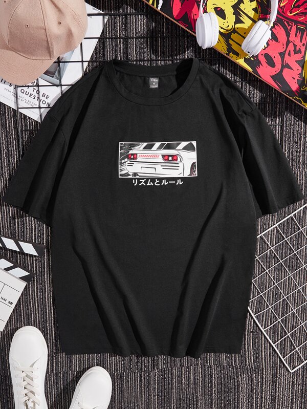 Men Japanese Letter & Car Print Tee