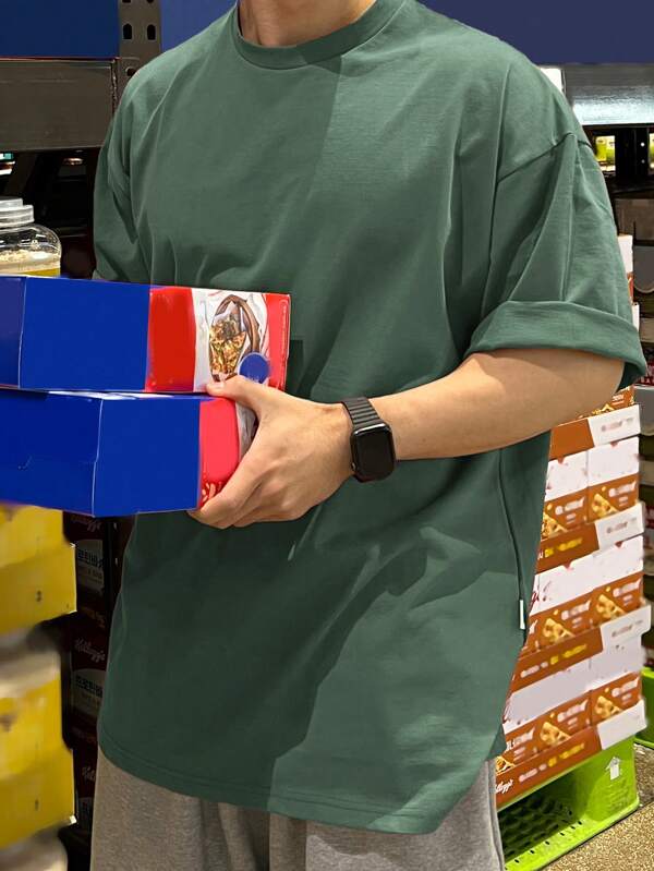 Men Cotton Solid Drop Shoulder Tee