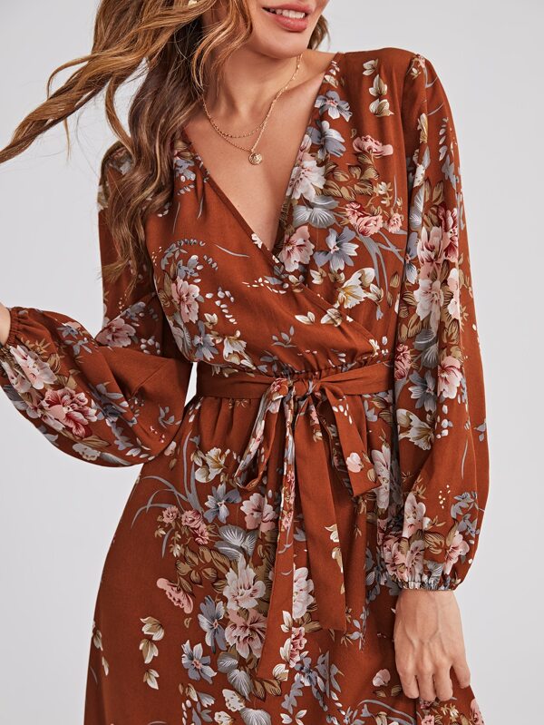 Clasi Surplice Neck Self Belted Botanical Print Dress