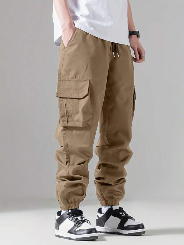 Men Flap Pocket Side Drawstring Waist Cargo Pants