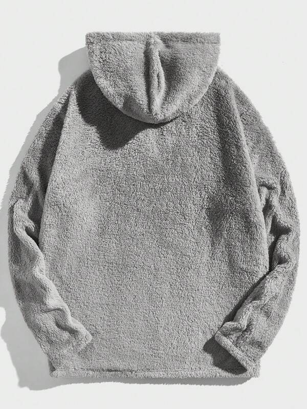 Men Letter Embroidery Half Zip Teddy Hoodie