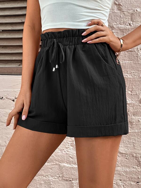 Frenchy Rolled Hem Paperbag Waist Shorts