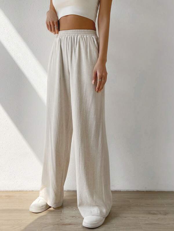 Solid Slant Pocket Wide Leg Pants