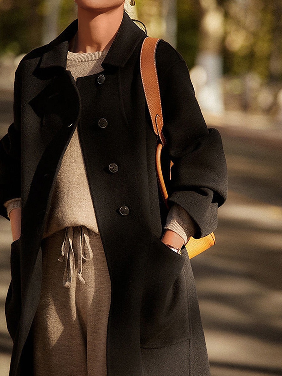 Women's Wool Blend Coat Winter Coat Long Pea Coat Fall Single Breasted Overcoat with Pockets Windproof Warm Trench Coat Casual Jacket Long Sleeve