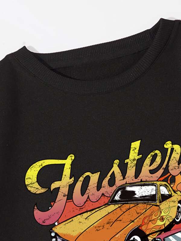 Men Car & Letter Graphic Thermal Pullover