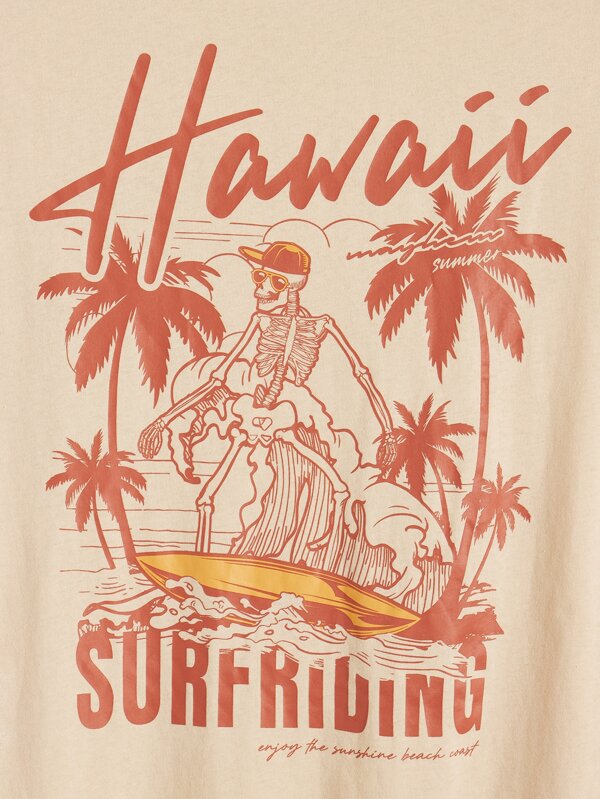 Chillmode Men Cotton Coconut Tree & Letter Graphic Tee