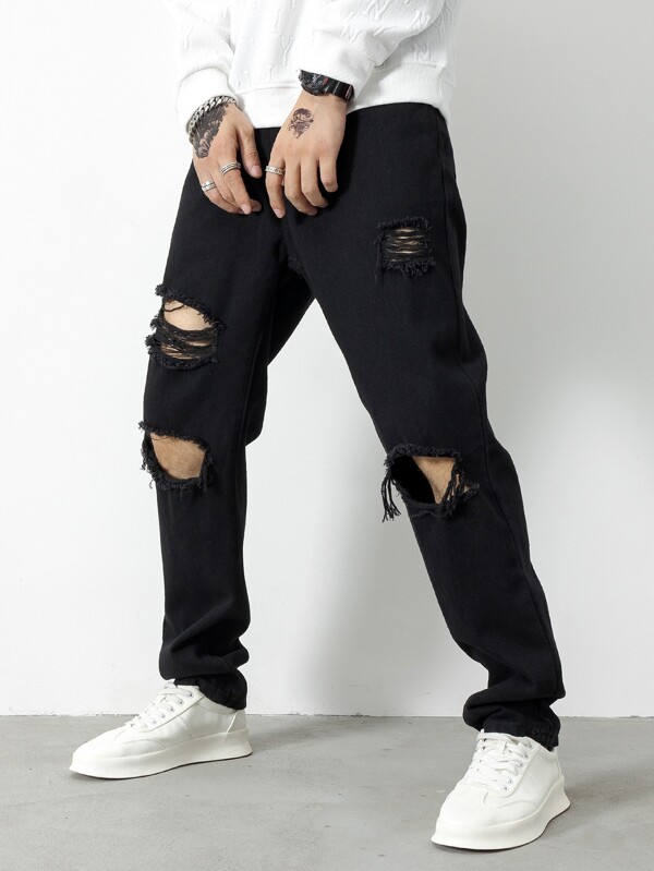 Men Cotton Ripped Straight Leg Jeans