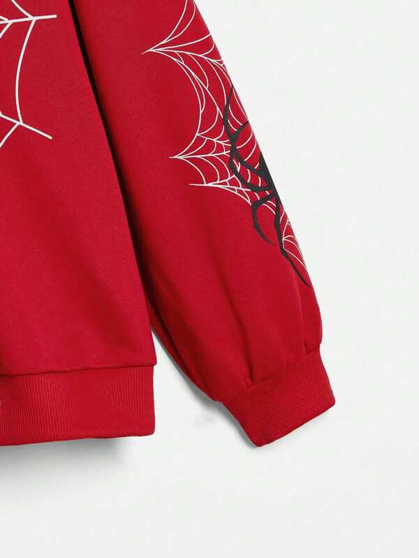 Halloween Spider Web Print Zip Up Drop Shoulder Drawstring Hoodie