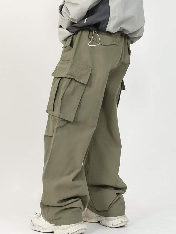 Men Flap Pocket Side Drawstring Waist Cargo Pants