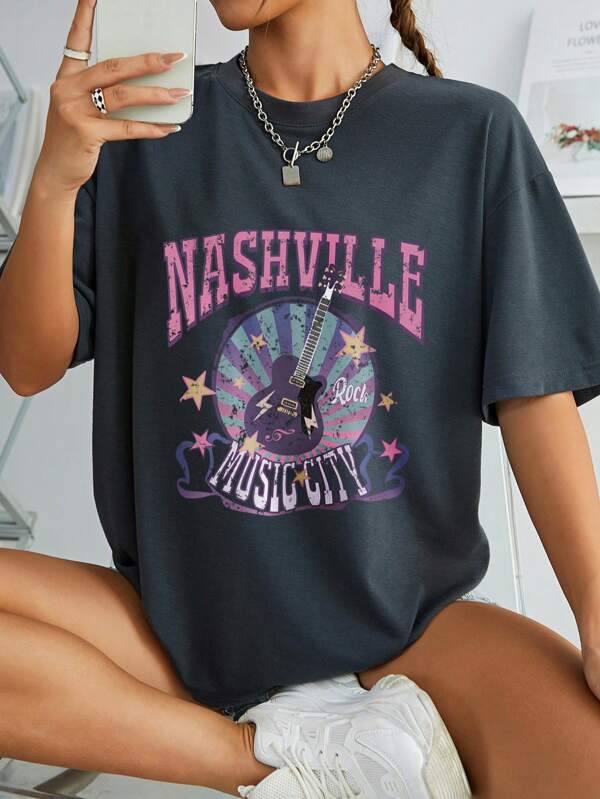 Guitar And Letter Graphic Drop Shoulder Tee