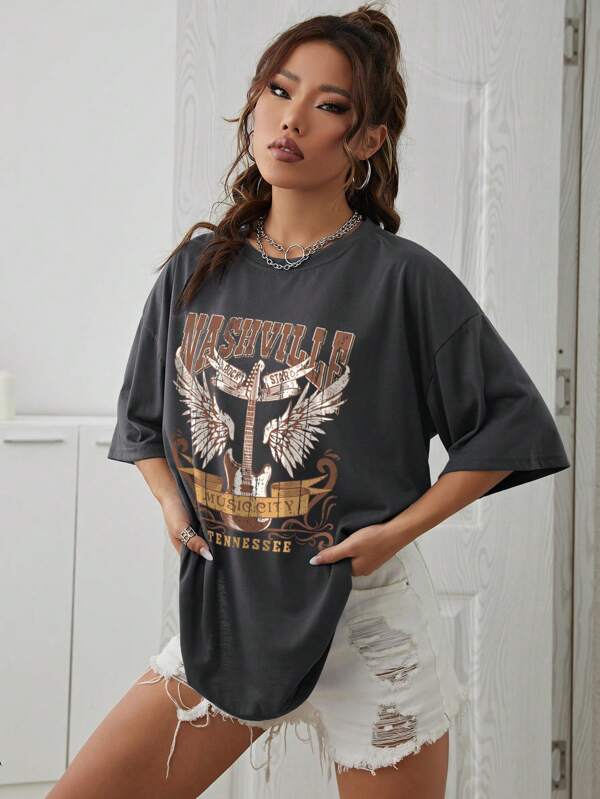 Wings And Letter Graphic Drop Shoulder Tee