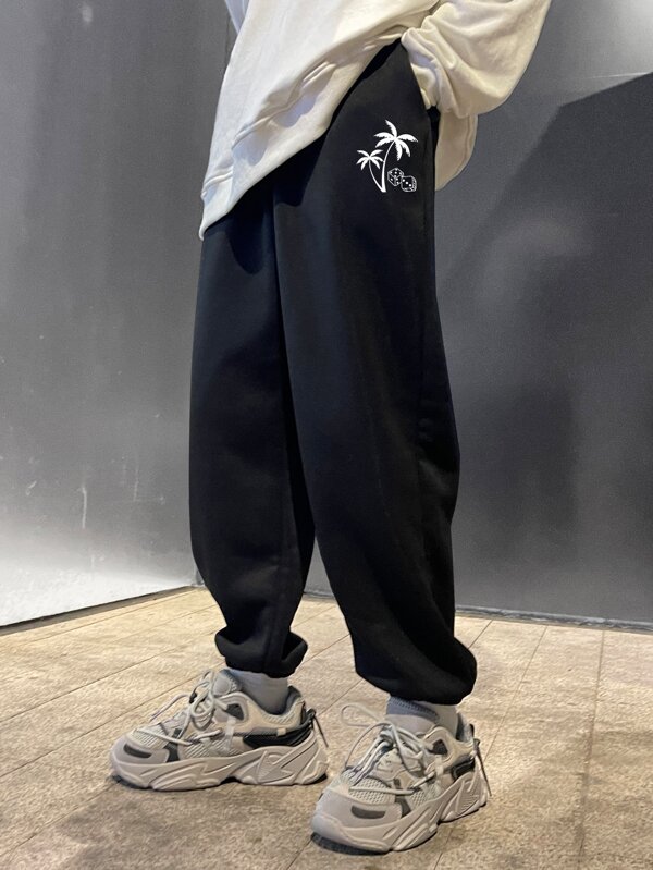 Men Tropical Print Drawstring Waist Sweatpants