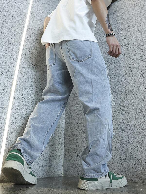 Men Colorblock Ripped Frayed Straight Leg Jeans