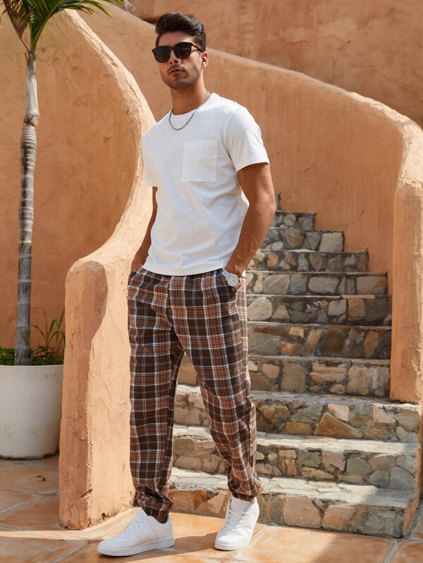Men Cotton Plaid Print Drawstring Waist Pants