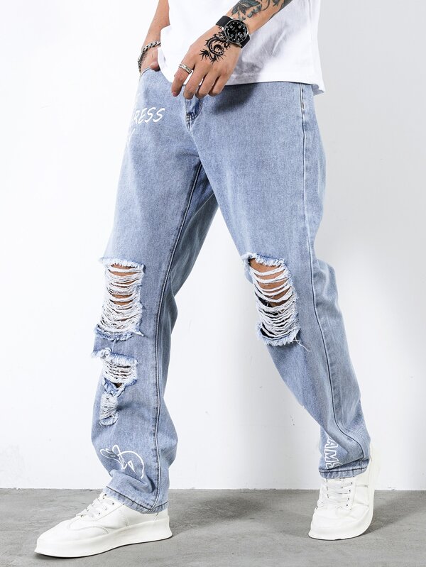 Men Cotton Slogan Graphic Ripped Frayed Straight Leg Jeans