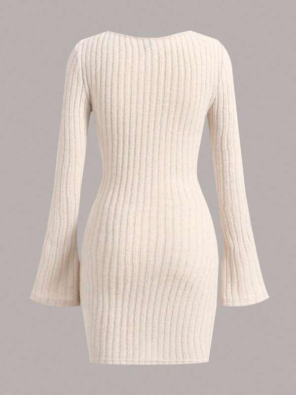 Square Neck Flounce Sleeve Ribbed Knit Bodycon Dress