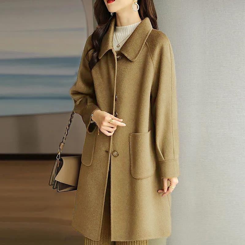 Women's Winter Coat Long Overcoat Single Breasted Lapel Pea Coat Thermal Warm Windproof Trench Coat with Pockets Elegant Outerwear Fall Outerwear Long Sleeve