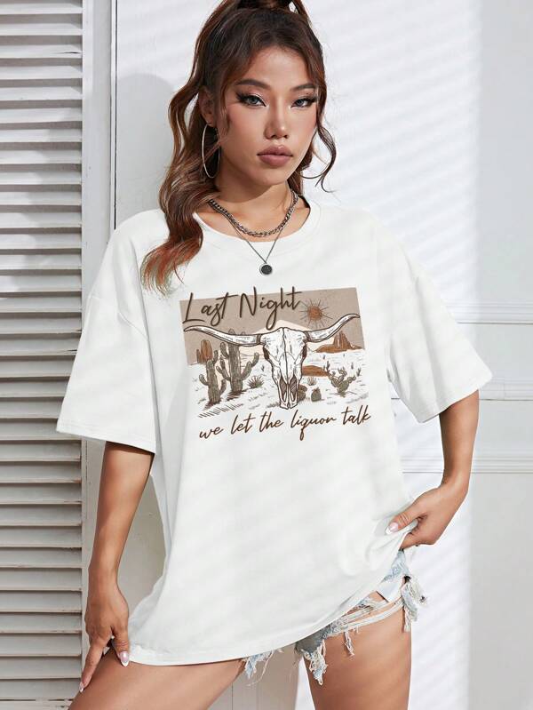 Cattle & Slogan Graphic Drop Shoulder Tee