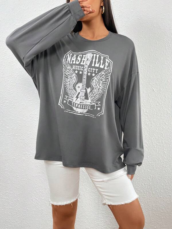 Letter & Wings Print Drop Shoulder Tee