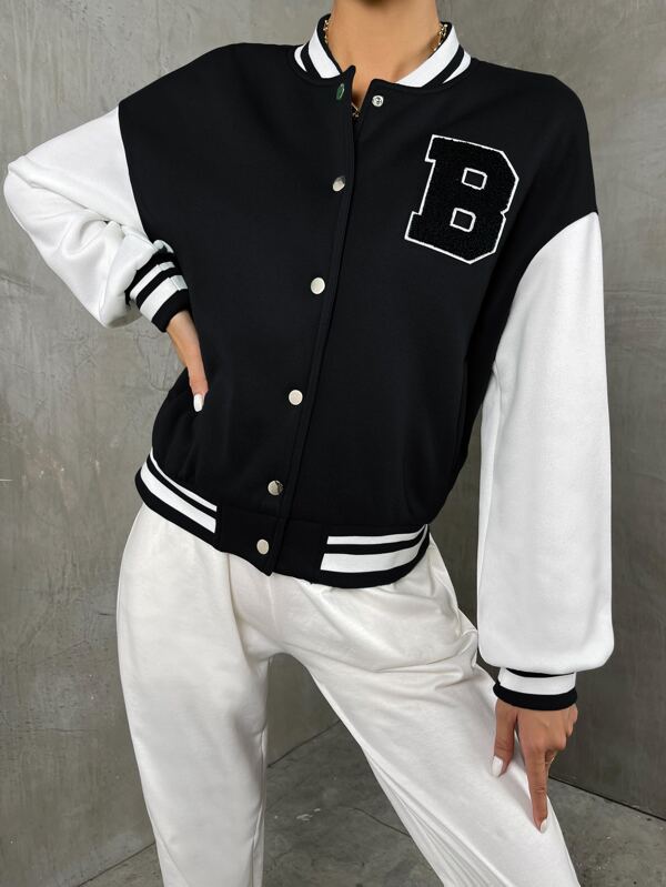 Letter Patched Striped Trim Drop Shoulder Varsity Jacket