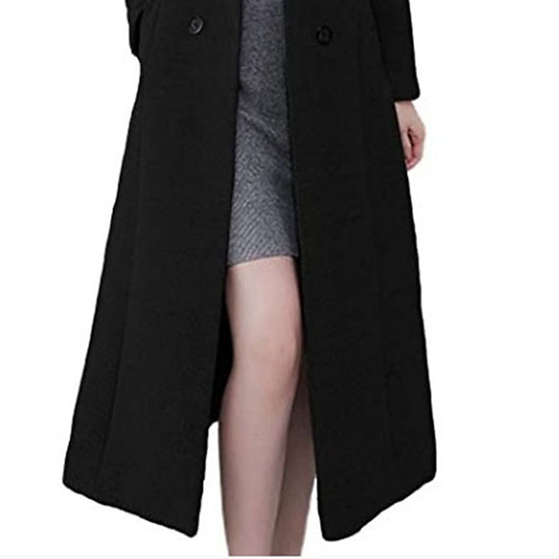 Women's Winter Coat Long Overcoat Double Breasted Lapel Pea Coat Thermal Warm Windproof Trench Coat with Pockets Elegant Slim Fit Lady Jacket Fall Outerwear Long Sleeve Black