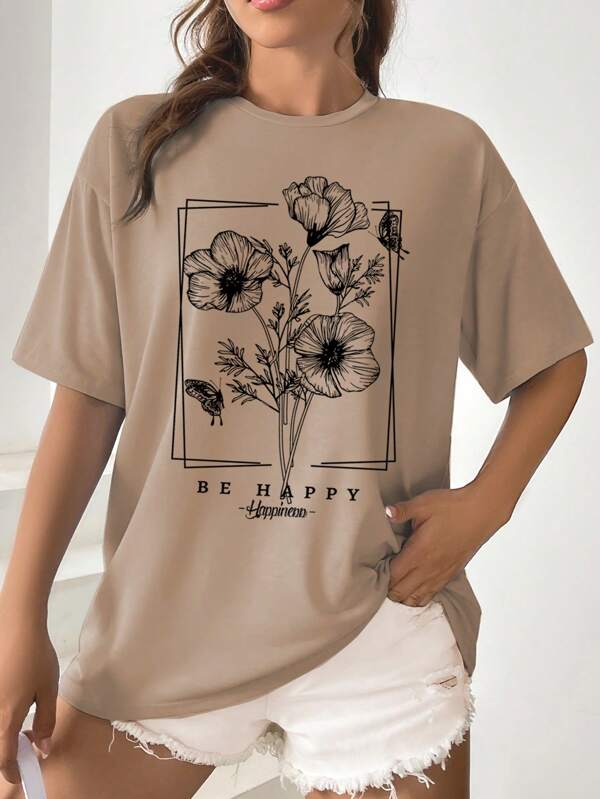 Floral & Letter Graphic Drop Shoulder Tee